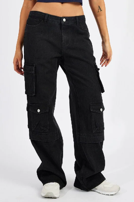 Black Cargo Denim Mid Rise Multi Pocket