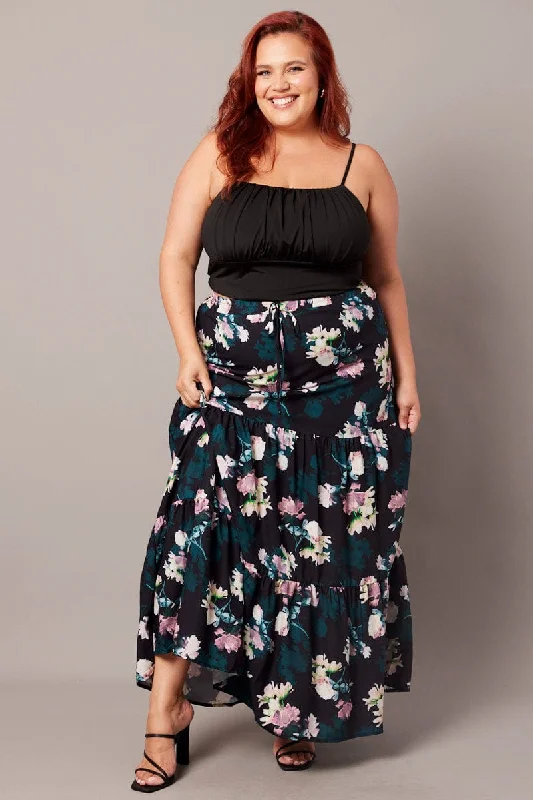 Black Floral Maxi Skirt Elastic Waist Tiered