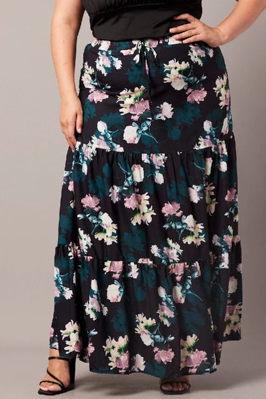 Black Floral Maxi Skirt Elastic Waist Tiered