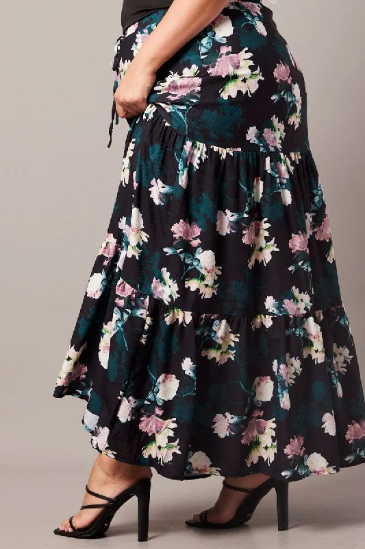 Black Floral Maxi Skirt Elastic Waist Tiered