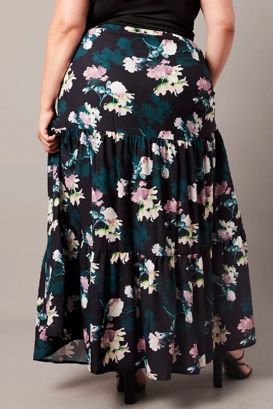 Black Floral Maxi Skirt Elastic Waist Tiered