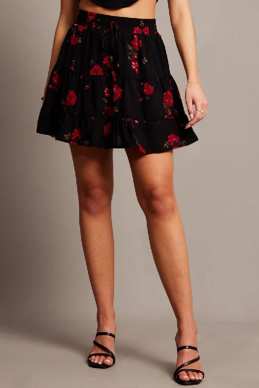 Black Floral Skater Skirt Mini