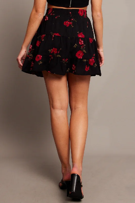 Black Floral Skater Skirt Mini