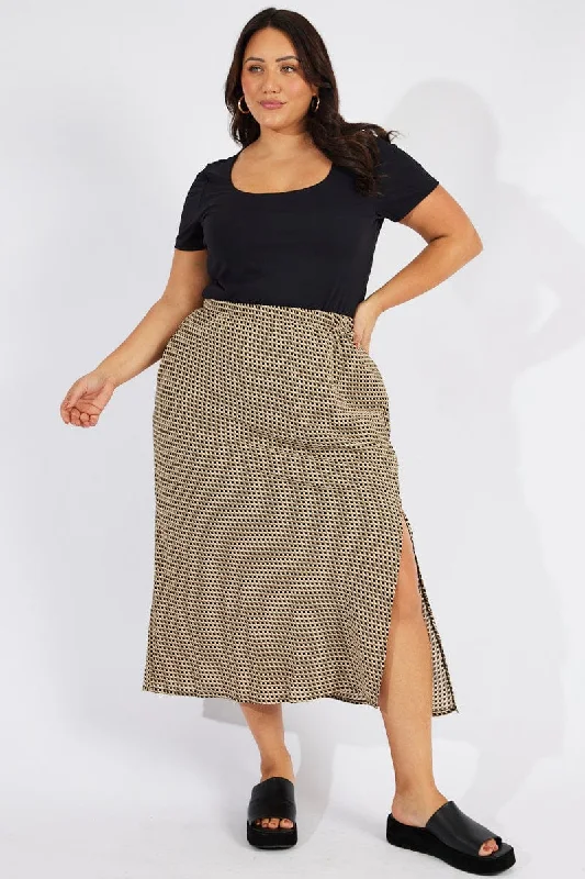 Black Geo Midi Split Skirt