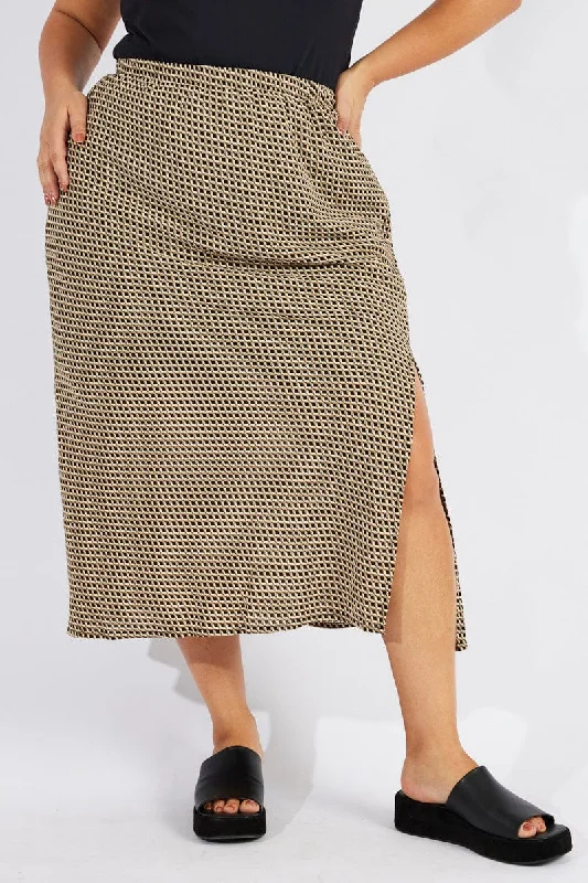 Black Geo Midi Split Skirt