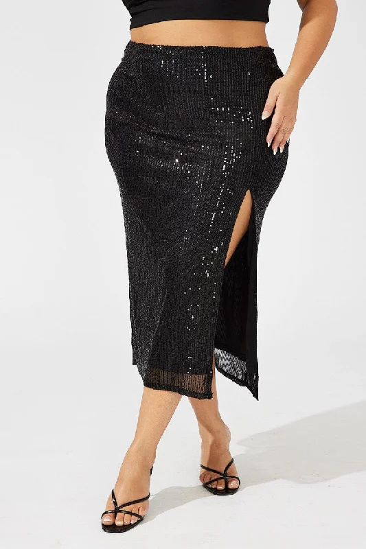 Black Long Sequin Split Skirt