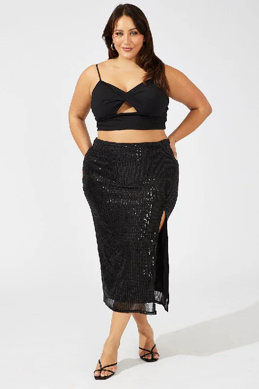 Black Long Sequin Split Skirt