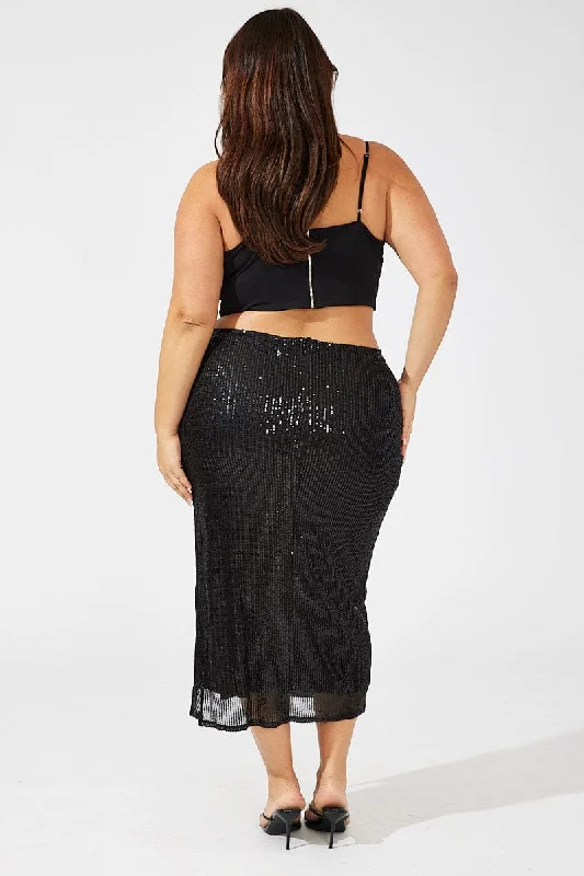 Black Long Sequin Split Skirt