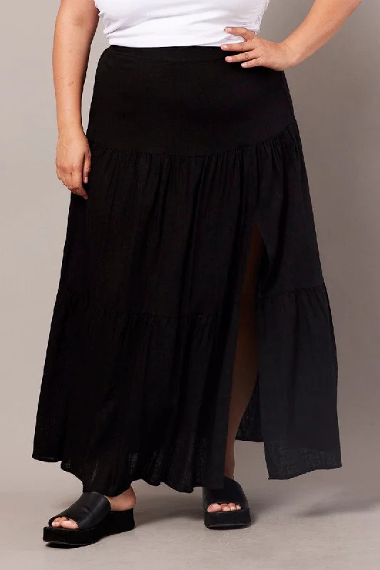 Black Maxi Skirt Linen Blend Split