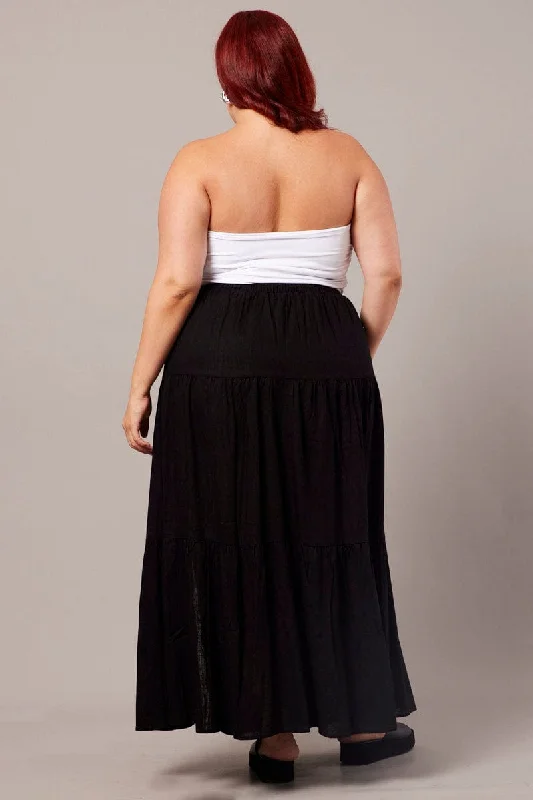 Black Maxi Skirt Linen Blend Split