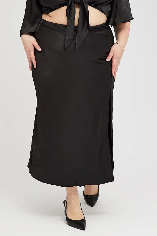 Black Midi Skirt Satin Split Flare