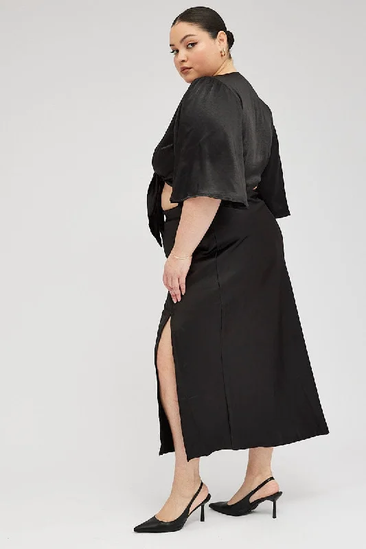 Black Midi Skirt Satin Split Flare