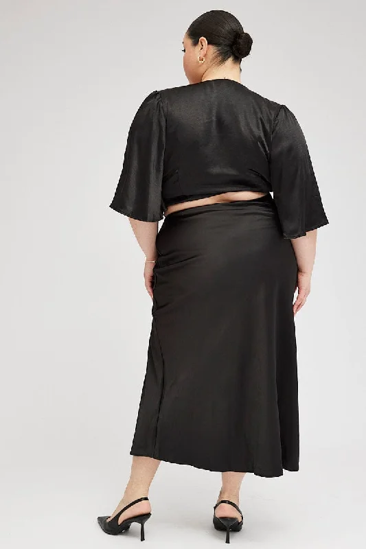 Black Midi Skirt Satin Split Flare