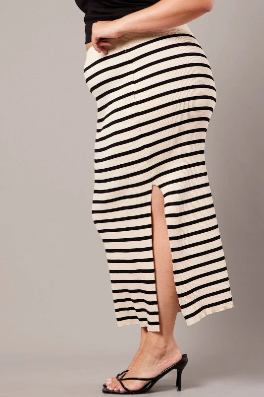 Black Stripe Rib Knit One Split Skirt