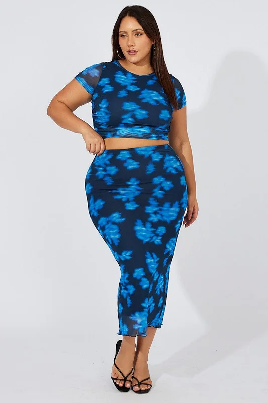 Blue Abstract Mesh Midaxi Skirt