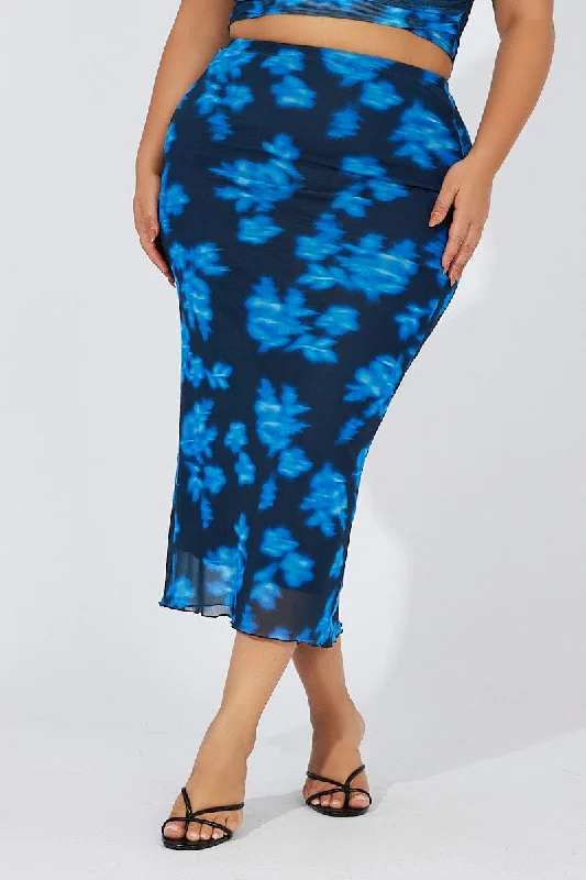 Blue Abstract Mesh Midaxi Skirt