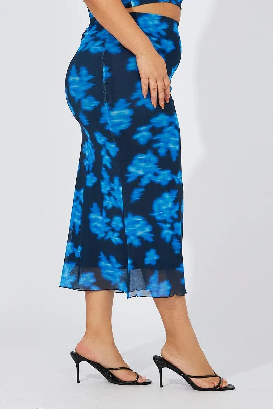 Blue Abstract Mesh Midaxi Skirt