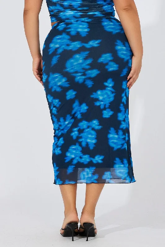 Blue Abstract Mesh Midaxi Skirt