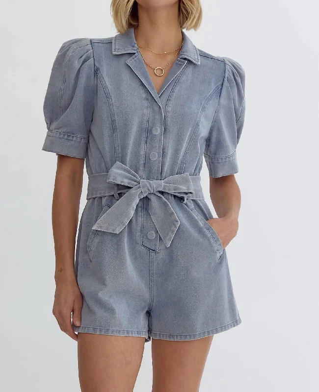 Bridgette Puff Sleeve Denim Romper In Light Denim