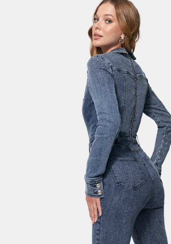 Double Breasted Skinny Leg Denim Jumpsuit