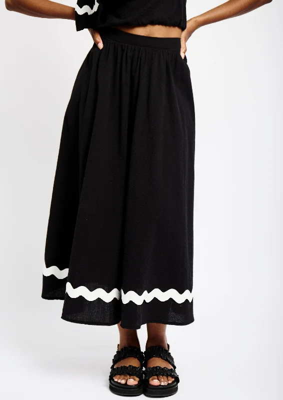 Easy Midi Skirt with White Ric Rac in Black