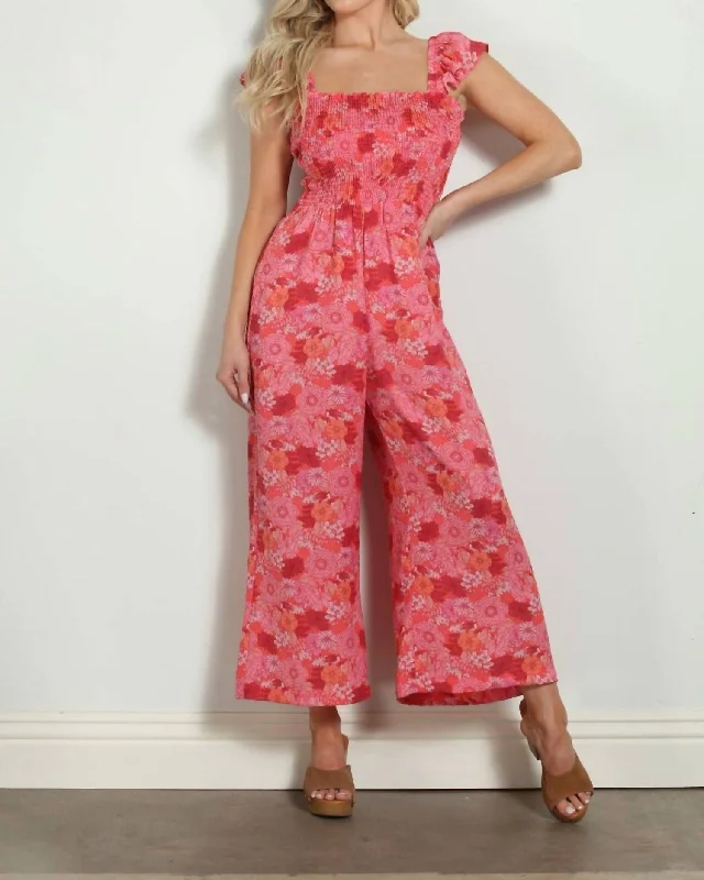 Floral Smocked Jumpsuit In Pink