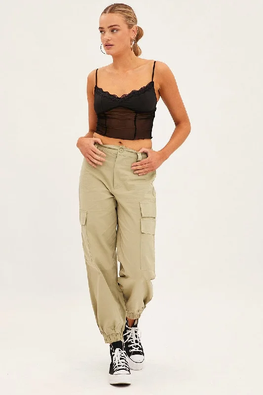 Green High Rise Wide Leg Cargo Pants