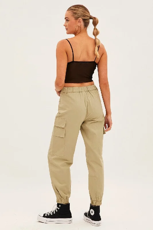 Green High Rise Wide Leg Cargo Pants