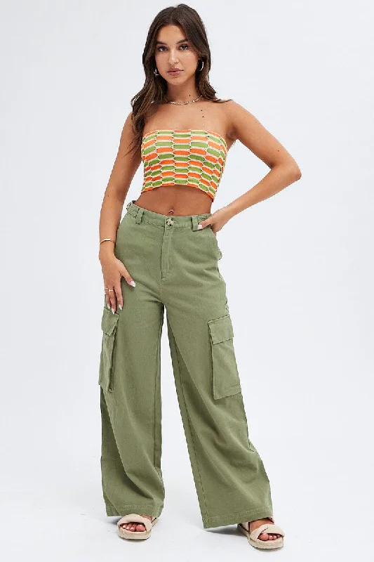 Green Wide Leg Pants Cargo Pockets