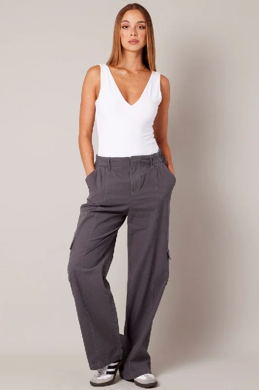 Grey Cargo Pants Mid Rise