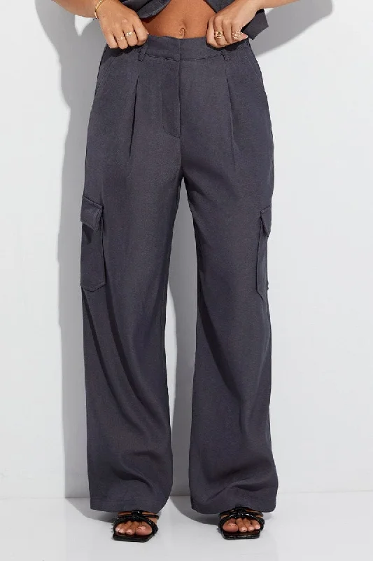 Grey Wide Leg Pants High Rise Cargo Tailored