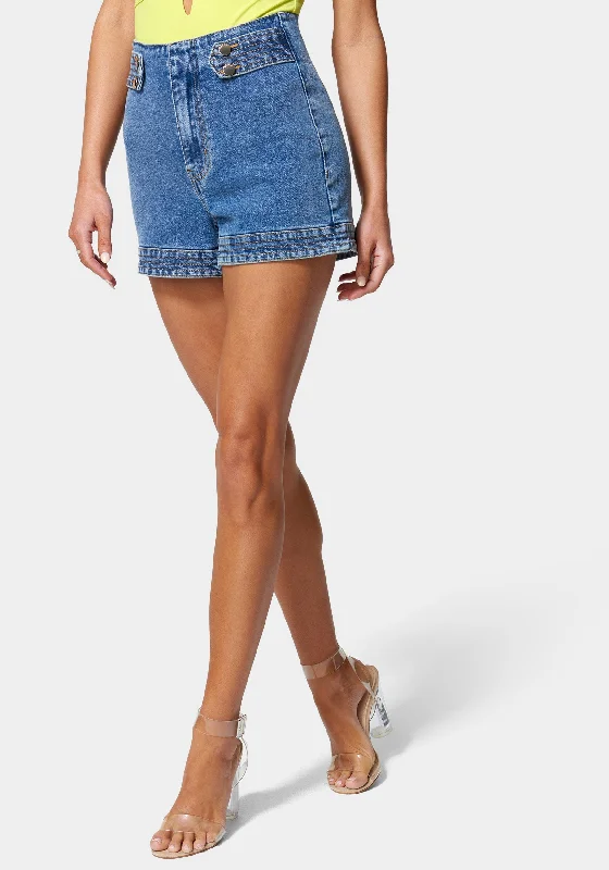 High Waist Trapunto Stitch Tab Denim Short