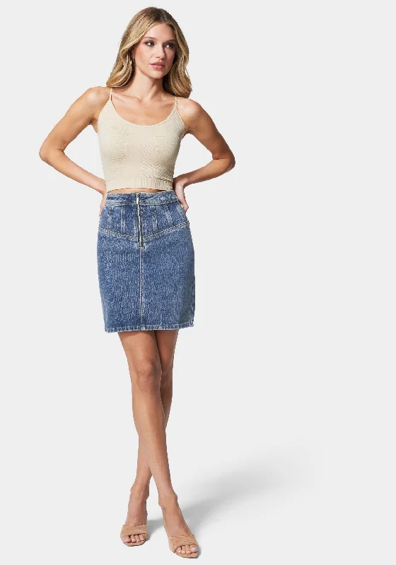 Multi Seam Zip Front Denim Skirt