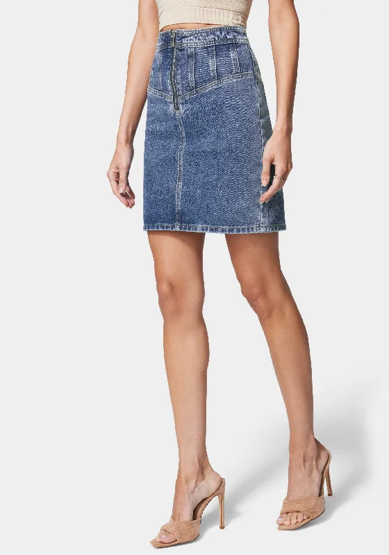 Multi Seam Zip Front Denim Skirt