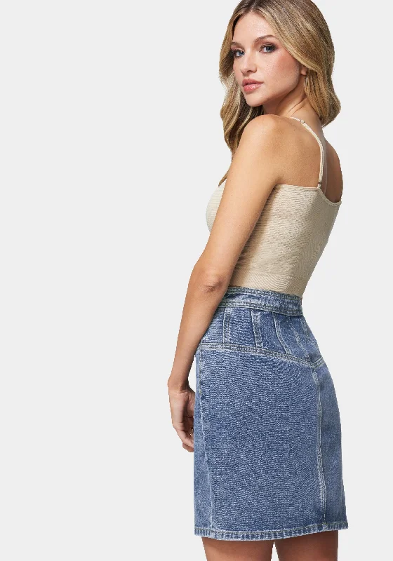 Multi Seam Zip Front Denim Skirt