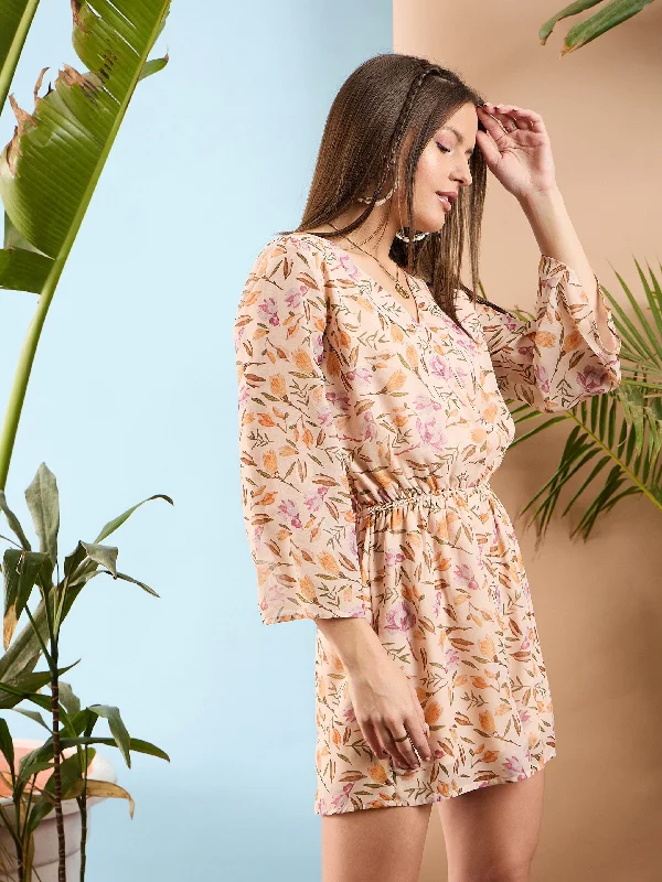 Women Peach Floral Wrap Romper