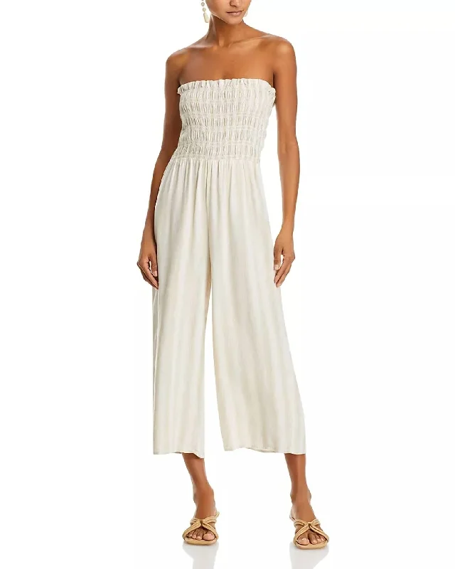 Smocked Strapless Jumpsuit In Playa Sand Stripe