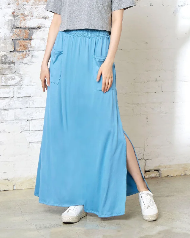 Smocked Waist Patched Pocket Maxi Skirt - Blue Grey