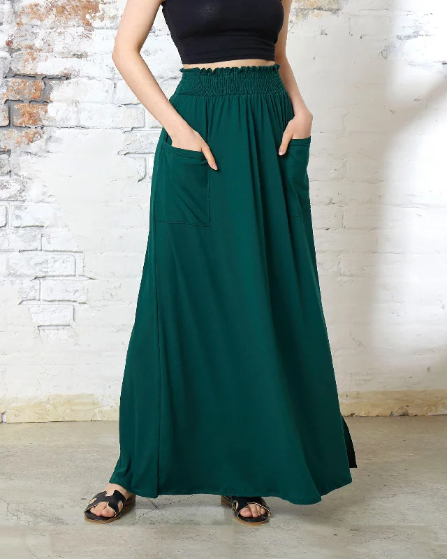 Smocked Waist Patched Pocket Maxi Skirt - Hunter Green