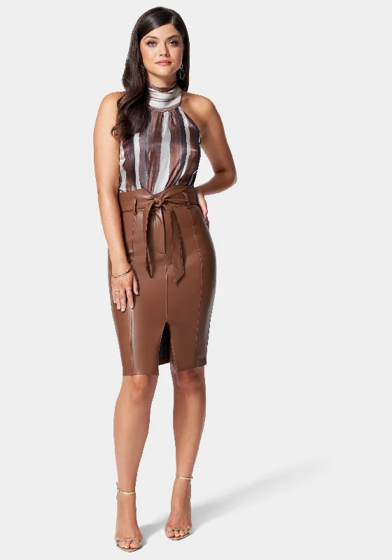 Vegan Leather Belted High Waist Skirt