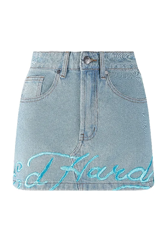 Womens Crawling Dragon Denim Mini Skirt - Blue