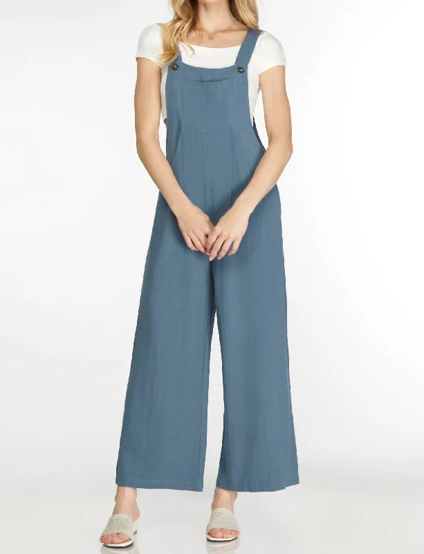 Woven Overall Jumpsuit In Dusty Blue