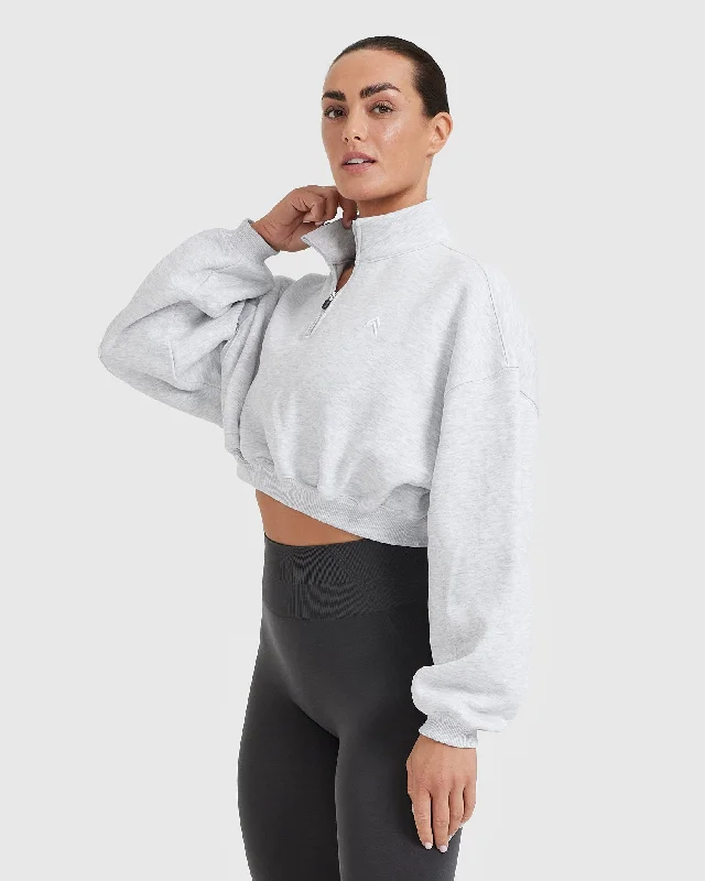 All Day Cosy Crop 1/4 Zip Sweatshirt | Light Grey Marl