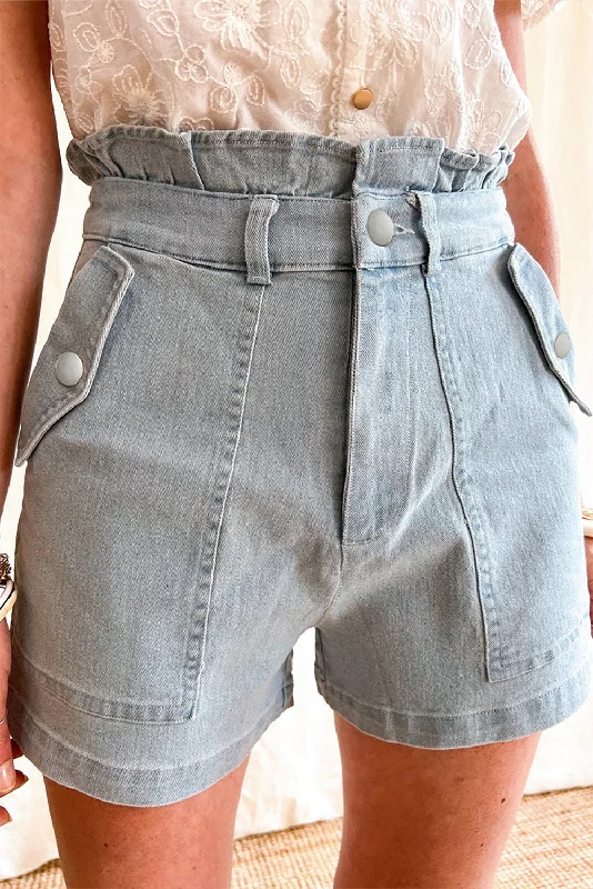 Ruffled High Waist Flap Pockets Denim Shorts