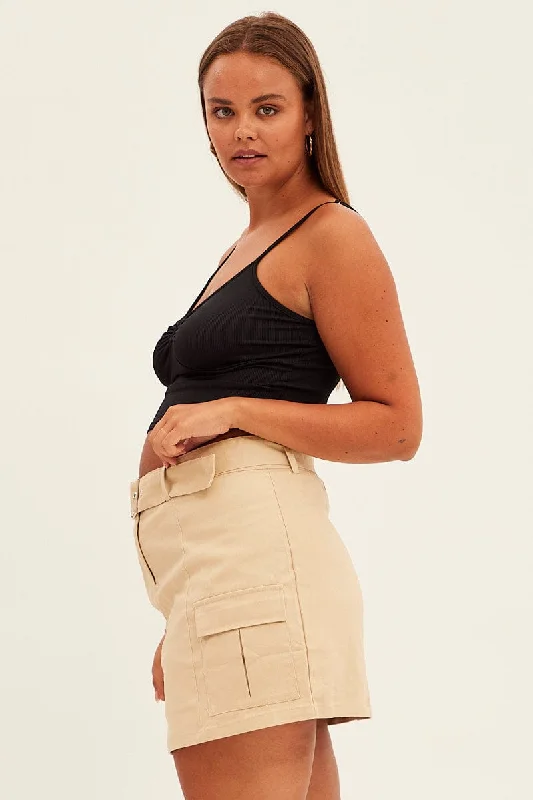 Beige Cargo Skirt Belted Mini Cotton