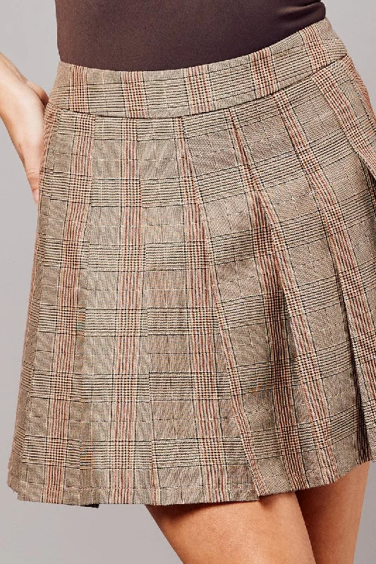 Beige Check Tennis Skirt Pleated Mini