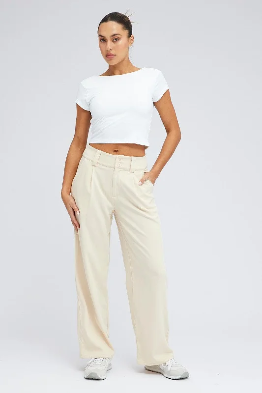 Beige Wide Leg Pants High Rise