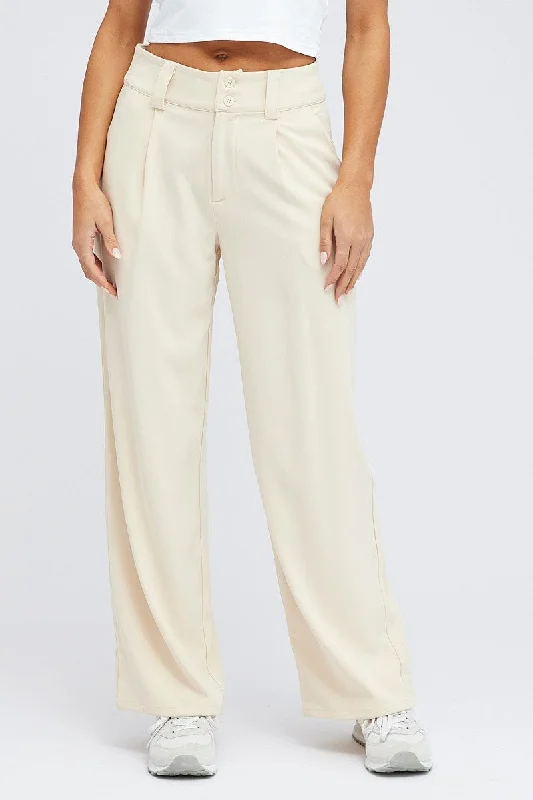 Beige Wide Leg Pants High Rise