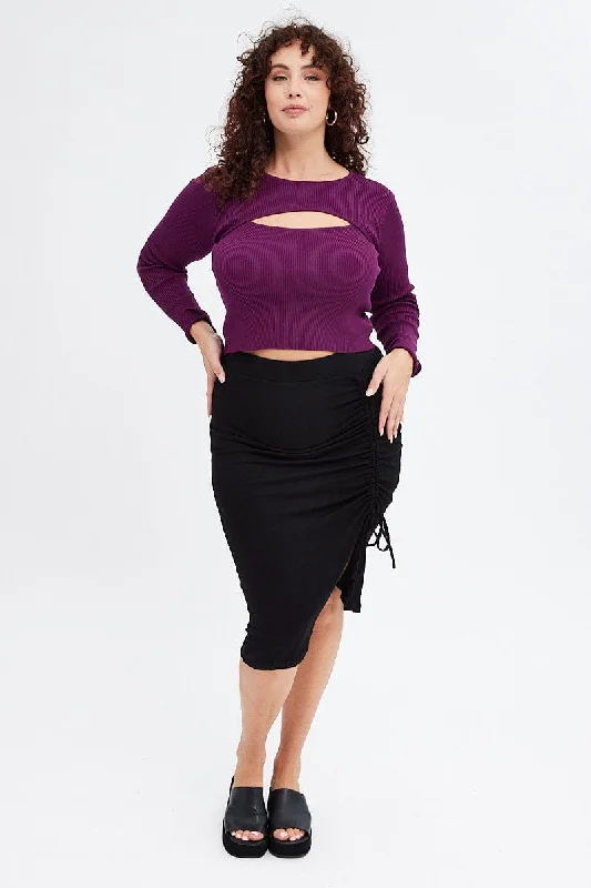 Black Bodycon Midi Skirt Drawstring Rib