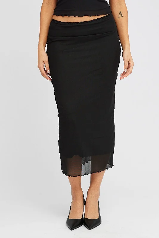 Black Midi Skirt High Rise Mesh